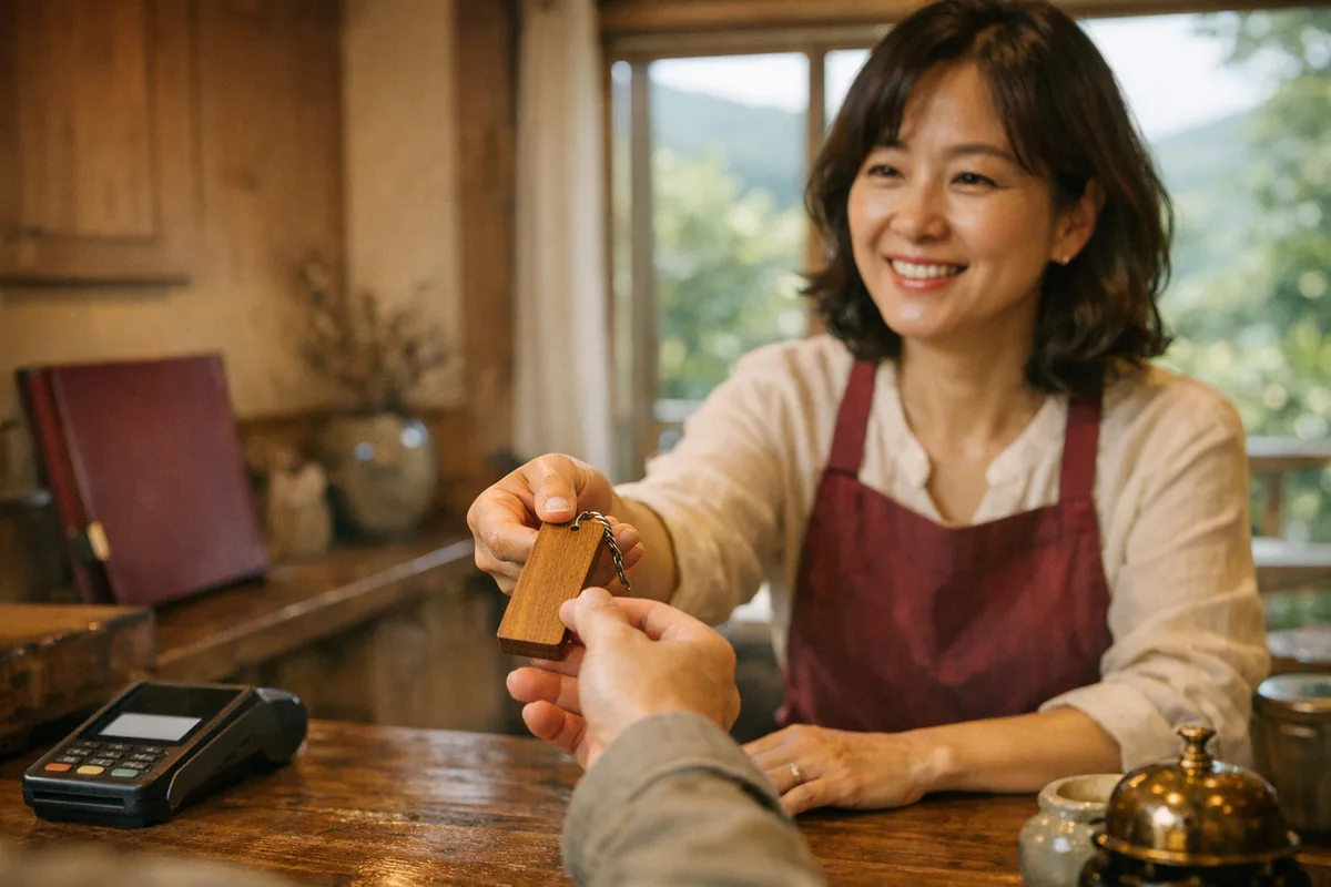 펜션 매장의 포스기 결제 장면