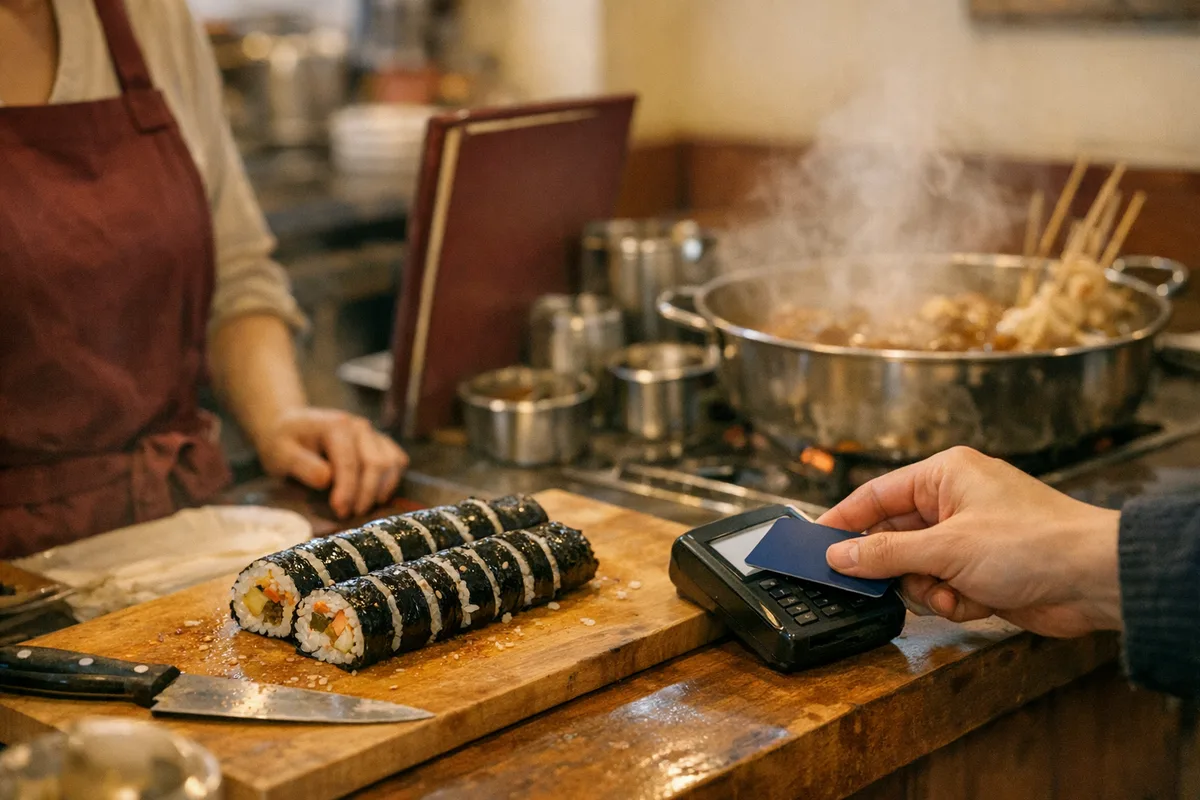 김밥/만두/분식 매장의 포스기 결제 장면